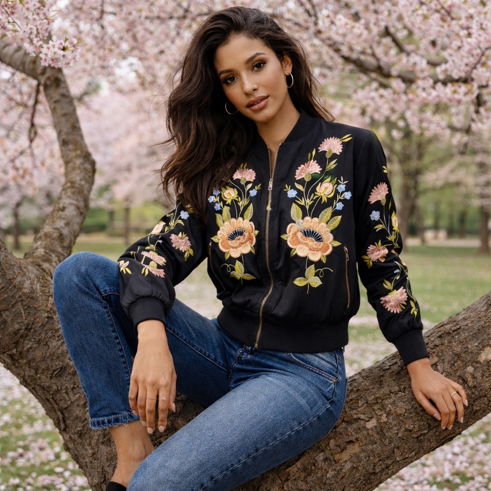 Glamorous Bomber Jacket with Floral Embroidery - Size XS